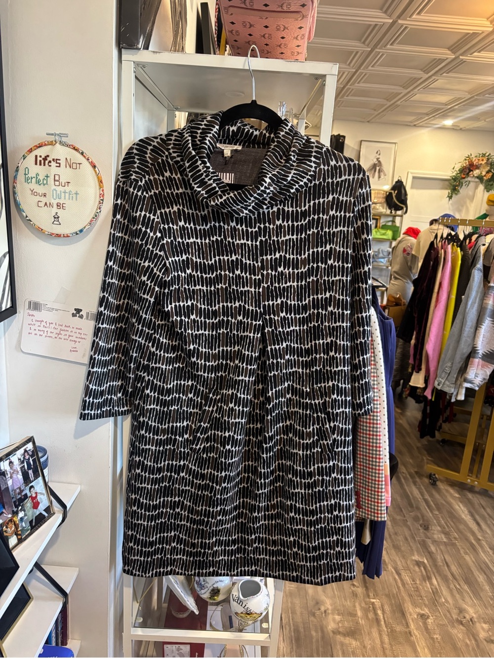 Tyler Boe Black & White Printed Cowl Neck Long Sleeve Dress